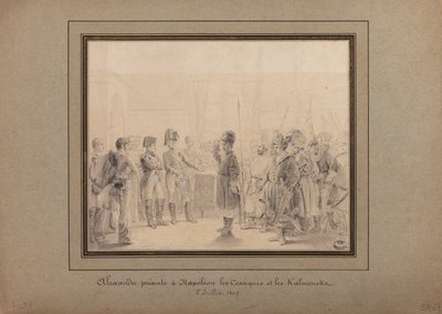 Alejandro I presentando a los cosacos y calmucos del ejército ruso a Napoleón I, en Tilsit, 8 de julio de 1807 de Pierre Nolasque Bergeret